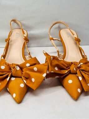 Zara Mustard Polka Dot Bow Slingback Heels
